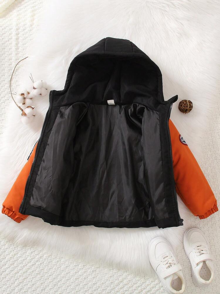 Young Boy Letter Graphic Patched Detail Colorblock Hooded Padded Coat