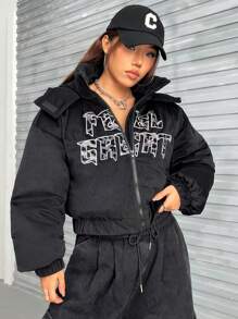 SHEIN EZwear 字母图案落肩连帽短款夹棉大衣 - 黑色 - 查看 3