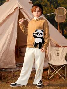 SHEIN Tween Boy Panda Patched Drop Shoulder Hoodie - Khaki - View 7