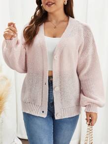 SHEIN Frenchy Plus Drop Shoulder Button Front Cardigan - Pink - View 1