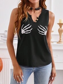 SHEIN LUNE 骷髏手掌圖案缺口領背心上衣 - 黑色 - 查看 3