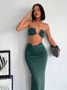 RueChic Crisscross Tie Backless Halter Top & Skirt - Dark Green - View 4