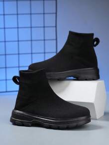 Fashionable High-Top Elastic Slip-On Sock Shoes - Black - View 4