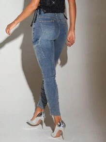 SHEIN BAE 側翻蓋口袋緊身牛仔褲 - 藍色 - 查看 2