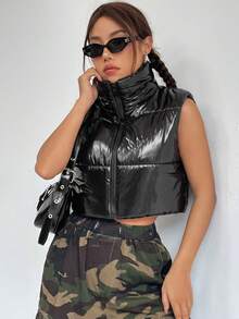 SHEIN Unity Áo khoác có đệm lót Zip Up Crop Vest Quần áo mùa đông - màu đen - Xem 5