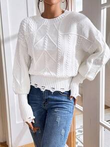 SHEIN Essnce Jersey tejido de cable de hombros caídos - Blanco - Ver 6