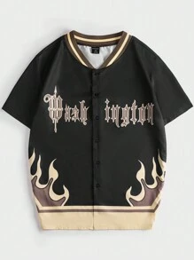ROMWE MEN Street Life Men Fire & Letter Graphic Striped Trim Baseball Collar Shirt - Black - View 1