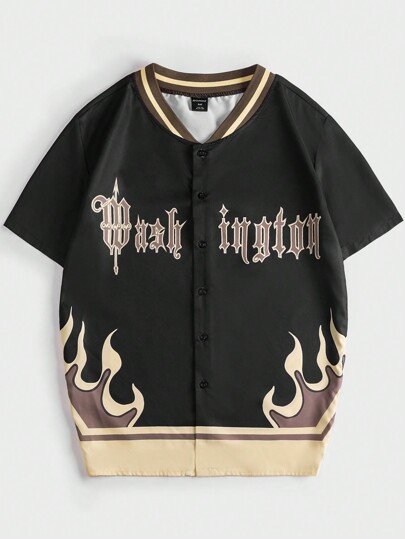 Street Life Men Fire & Letter Graphic Striped Trim Baseball Collar Shirt