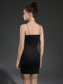 SHEIN Allurite Ladies' Rhinestone Mesh Cami Dress - Black - View 4
