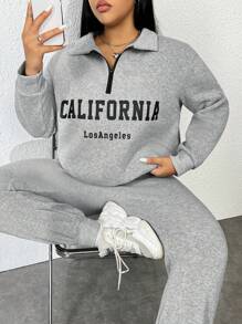Flirla 大碼字母圖案半拉鏈落肩袖衛衣和衛褲 - 灰色 - 查看 1