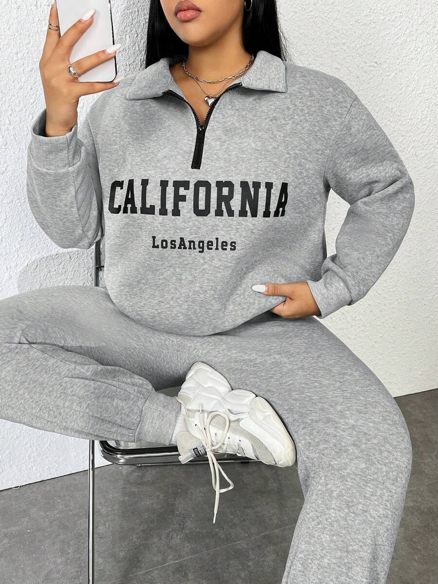 Flirla 大碼字母圖案半拉鏈落肩袖衛衣和衛褲 - 灰色 - 查看 1