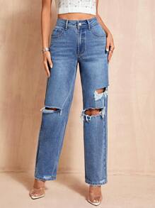 SHEIN BAE 高腰破洞直筒牛仔褲 - 深色水洗藍 - 查看 4