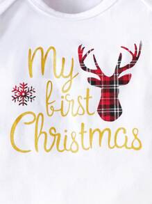 Đứa bé gái In Giáng sinh Áo liền quần chặt & In kẻ sọc Viền Ruffle Nơ mặt trước Đầm Tổng thể & Băng đô đầu - Đỏ và trắng - Xem 4