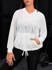 SHEIN Daily&Casual 加大码袋鼠口袋抽绳运动卫衣 - 白色 - 查看 1