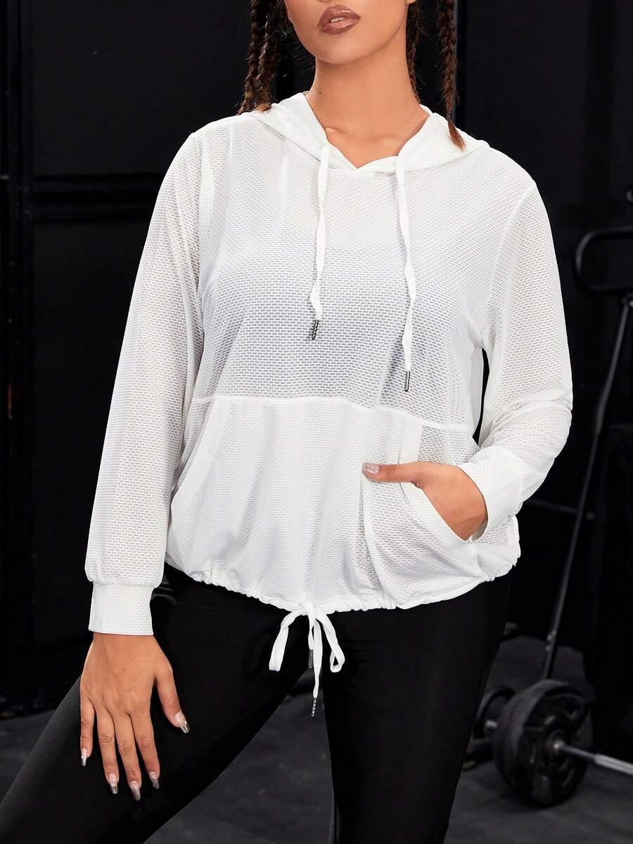 SHEIN Daily&Casual 加大码袋鼠口袋抽绳运动卫衣 - 白色 - 查看 1