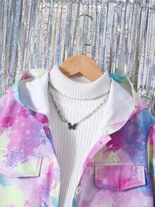 SHEIN 女大童紮染翻蓋細節連帽夾克無毛衣 - 彩色 - 查看 3