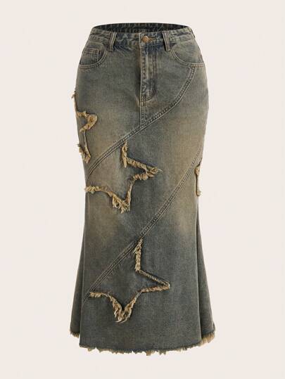 Grunge Punk Mermaid Raw Hem Denim Skirt, School