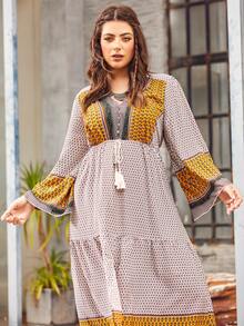 S BETRO Hơn In Địa lý Tua Tie Trước tay áo lá sen Xù Hoa Sen Đầm - Nhiều màu - Xem 5