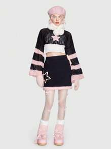 ROMWE Kawaii Hình sao Khối màu Áo len Crop - màu đen - Xem 1