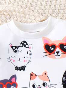 Toddler Girls' Cute Cat Print Crew Neck Long Sleeve Sweatshirt - White - View 3