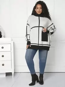 SHEIN CURVE+ 大碼格紋圖案落肩袖套頭毛衣 - 黑與白 - 查看 5