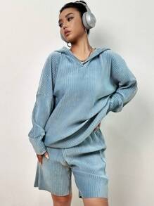 SHEIN Unity Drop Shoulder Hooded Top & Shorts - Blue - View 5