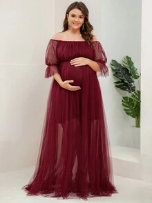 Maternity Off Shoulder Flare Sleeve Mesh Elegant Dress, For Party - Red - View 4