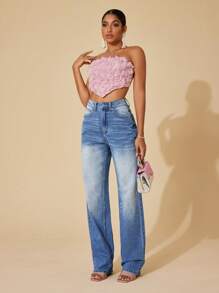 SHEIN Essnce High Waist Straight Leg Jeans - Light Wash - View 4