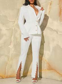 SHEIN SXY Lapel Neck Button Front Blazer & Split Hem Pants - White - View 4