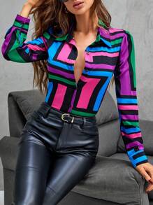 SHEIN LUNE In Địa lý Nút phía trước Áo sơ mi - Nhiều màu - Xem 4