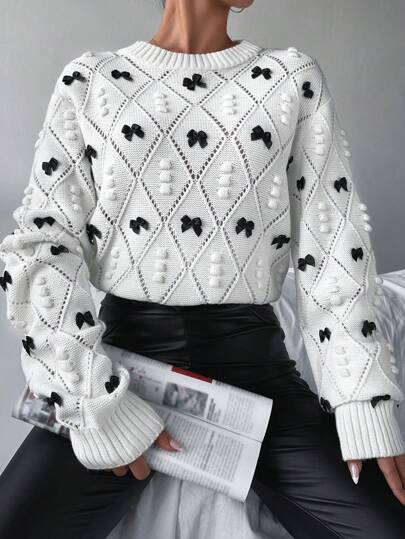 Plus Size Bow & Round Ball Decor Crew Neck Long Sleeve Sweater