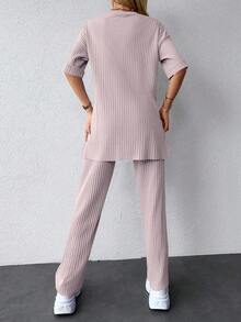 EURMUSE 落肩袖下擺開叉T恤和褲子 - 藕粉色 - 查看 2