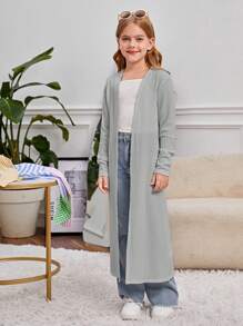 SHEIN 女大童素色開門襟長款外套 - 淺灰色 - 查看 4