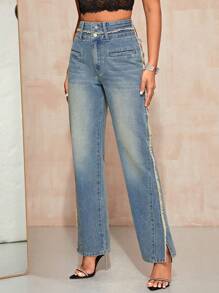 SHEIN BAE High Waist Split Hem Straight Leg Jeans - Blue - View 1