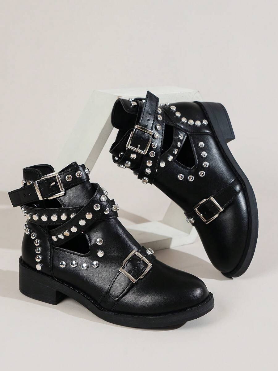 Black Leather Riveted Thick Bottom Hollow Out Short Boots For Women