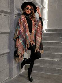 SHEIN Clasi Plaid Pattern Fringe Hem Cloak Sleeve Cape Cardigan - Multicolor - View 4