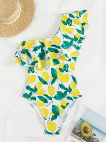 Swim Vcay Summer Beach Lemon Print Ruffle Trim One Shoulder One Piece Swimsuit - Multicolor - View 5