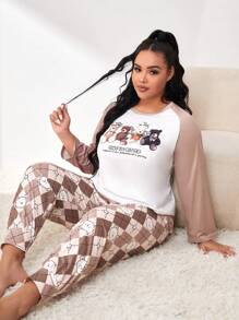 大碼卡通和標語圖案插肩袖T恤&菱形印花長褲睡衣套裝 - 卡其色 - 查看 1