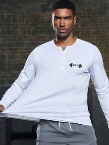 Manfinity Sport Corelite 男士字母圖案半扣運動T恤，運動上衣 - 白色 - 查看 6