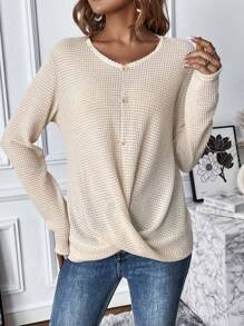 SHEIN LUNE Twist Hem Waffle Knit Tee Fall Cloth For Women - White - View 1