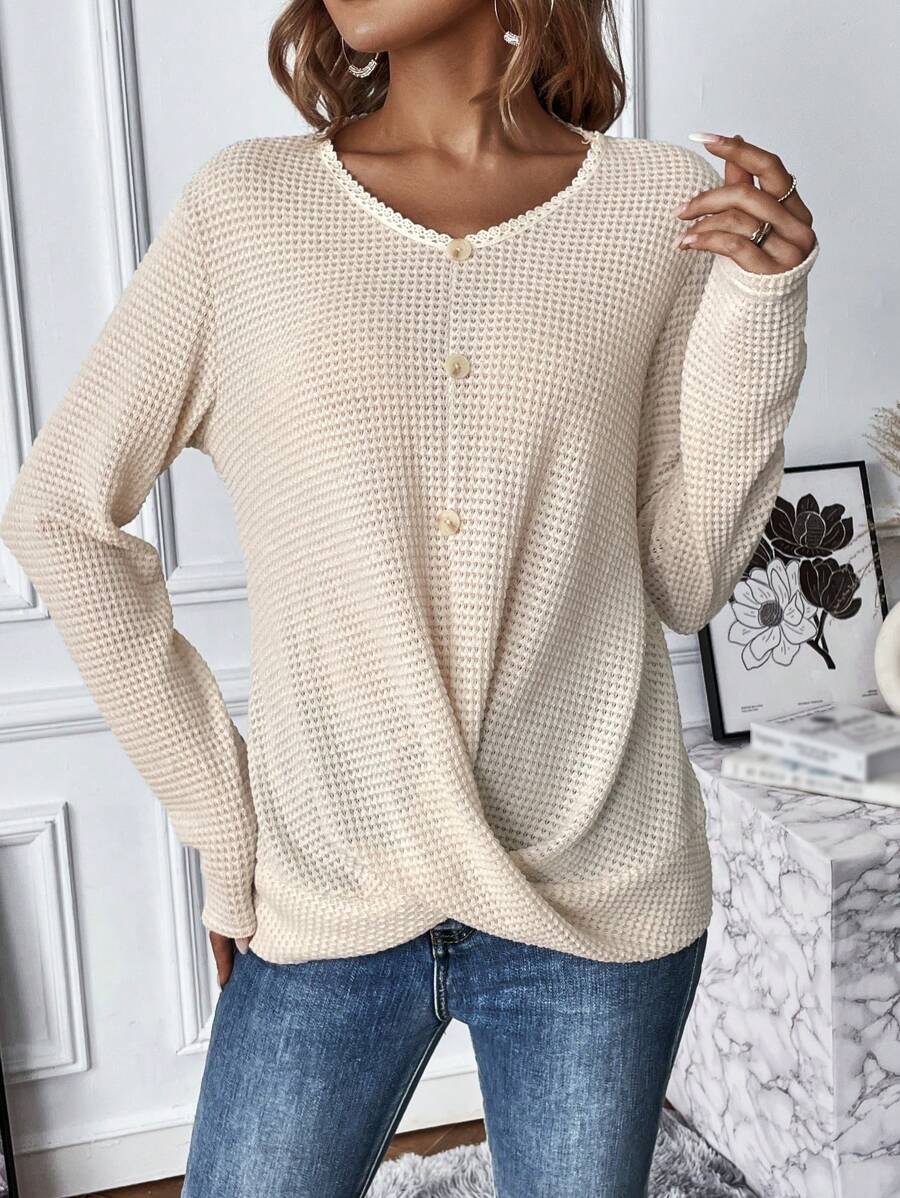 SHEIN LUNE Twist Hem Waffle Knit Tee Fall Cloth For Women - White - View 1