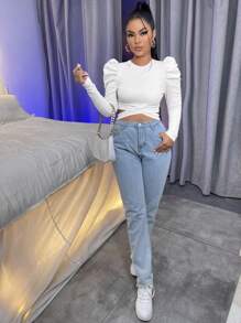 SHEIN SXY 羊腿袖腰部鏤空短款T恤 - 白色 - 查看 5