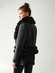 Anewsta 拉鏈開襟毛茸邊PU皮革夾克 - 黑色 - 查看 2