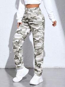 SHEIN PETITE Eo cao Camo Quần jean - Nhiều màu - Xem 5