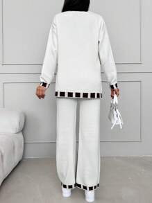 EURMUSE Contrast Trim Drop Shoulder Sweater & Knit Pants - White - View 2