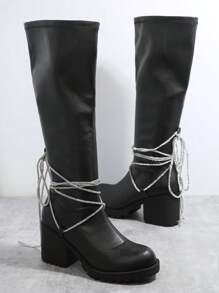 SHUZIA Faux Leather Lace Up Design Block Heel Boots - Black - View 2