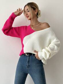 EURMUSE Two Tone Drop Shoulder Ribbed Knit Sweater - Hot Pink - View 5