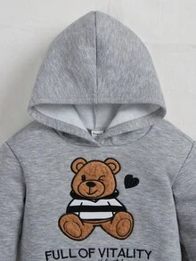SHEIN Baby Girl Embroidery Bear And Slogan Pattern Hoodie & Sweatpants & Hat - Light Grey - View 6