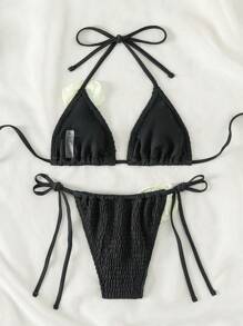 SHEIN Swim 刺繡露背三角形綁帶比基尼套裝 - 黑色 - 查看 2