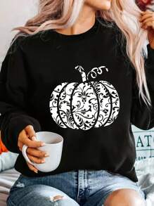 SHEIN EZwear Plus Pumpkin Print Drop Shoulder Sweatshirt - Black - View 1